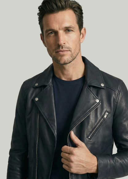 Men's black leather asymmetrical biker jacket with notched lapels and silver hardware by Kingsmen Couture.