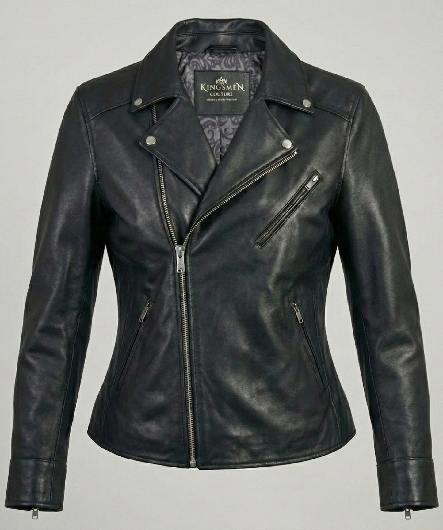 Women's black leather asymmetrical biker jacket with notched lapels and silver hardware by Kingsmen Couture.