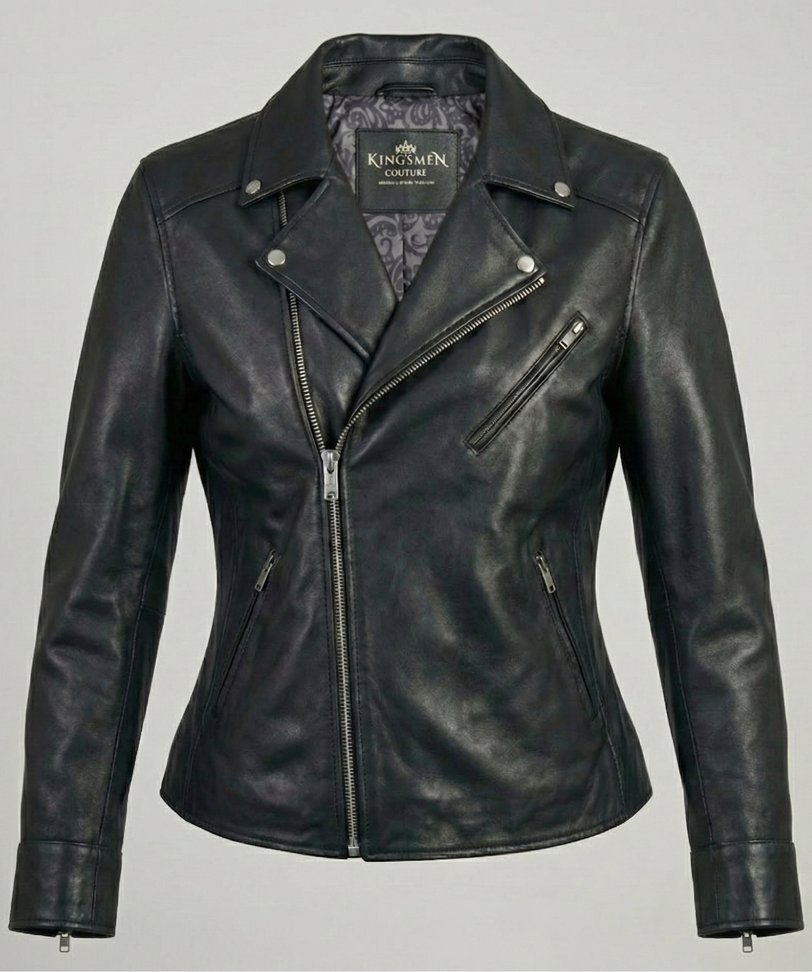 Women's black leather asymmetrical biker jacket with notched lapels and silver hardware by Kingsmen Couture.