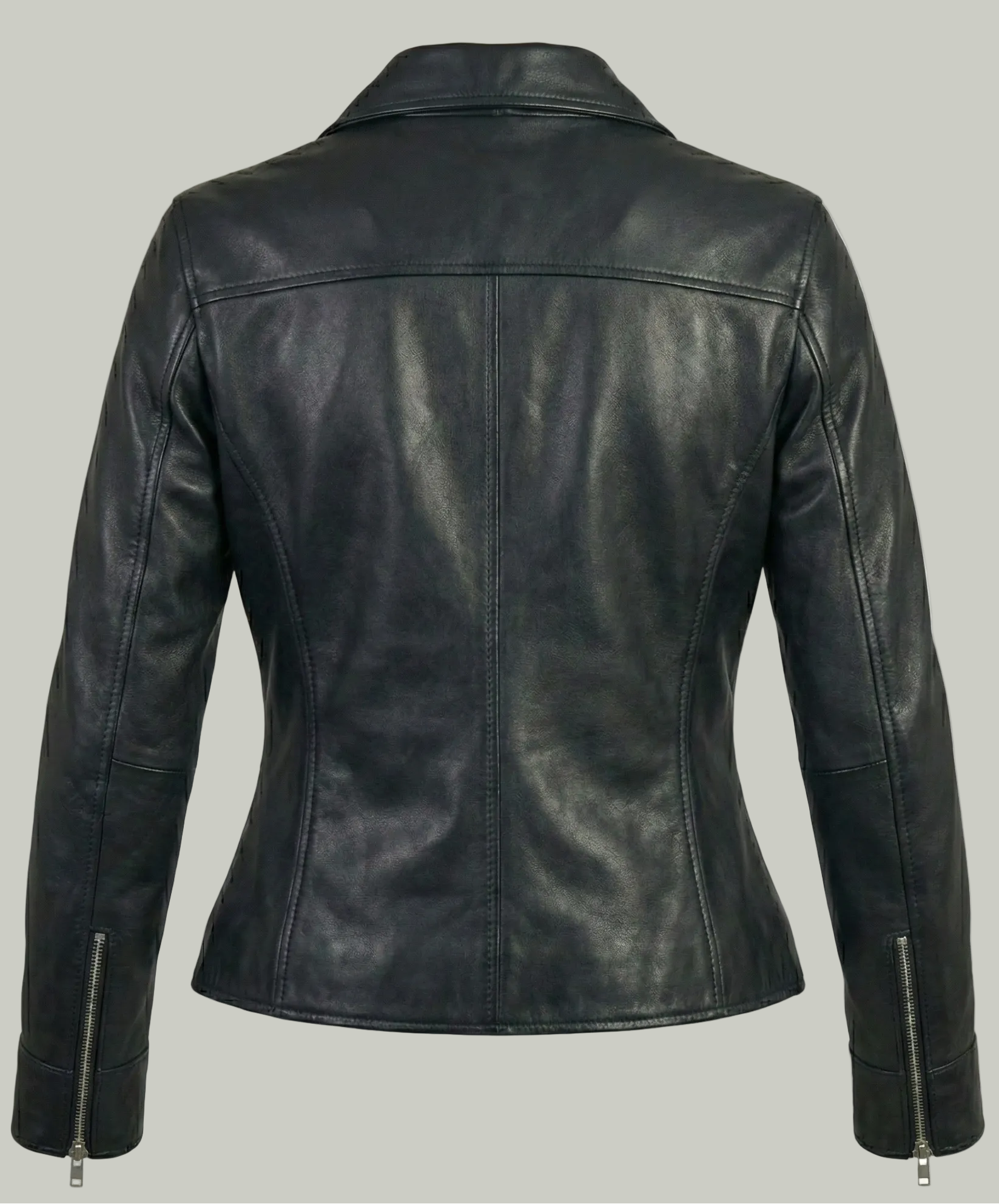 Women's black leather asymmetrical biker jacket with notched lapels and silver hardware by Kingsmen Couture