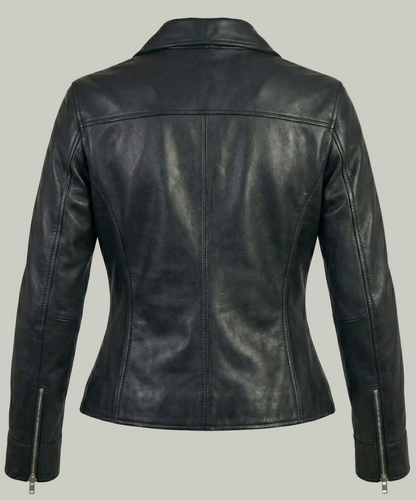 Women's black leather asymmetrical biker jacket with notched lapels and silver hardware by Kingsmen Couture
