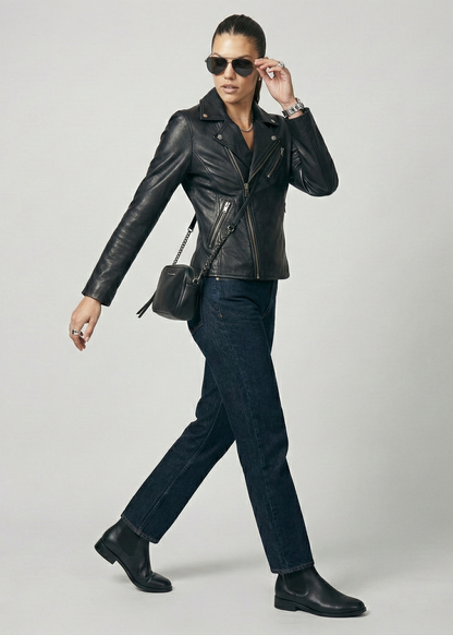 Women's black leather asymmetrical biker jacket with notched lapels and silver hardware by Kingsmen Couture.