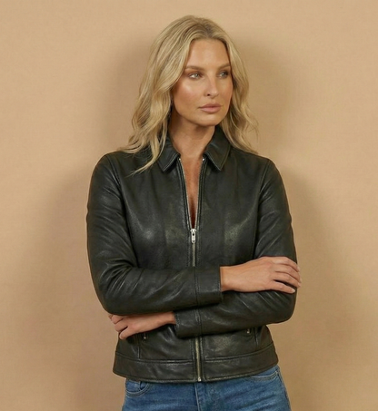 Women's black sheepskin leather jacket with a pointed collar and silver hardware by Kingsmen Couture