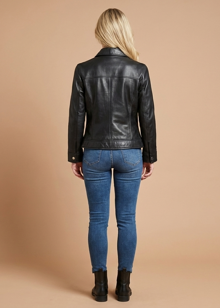Women's black sheepskin leather jacket with a pointed collar and silver hardware by Kingsmen Couture.