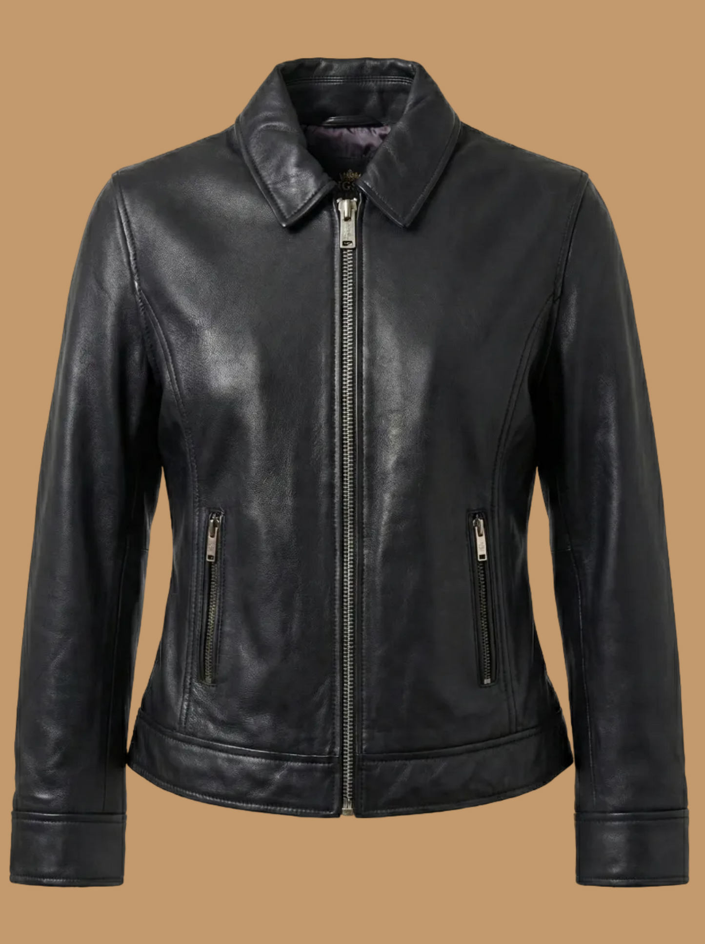 Women's black sheepskin leather jacket with a pointed collar and silver hardware by Kingsmen Couture.