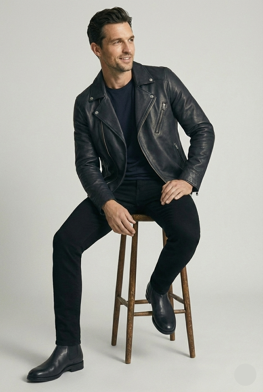 Men's black leather asymmetrical biker jacket with notched lapels and silver hardware by Kingsmen Couture.