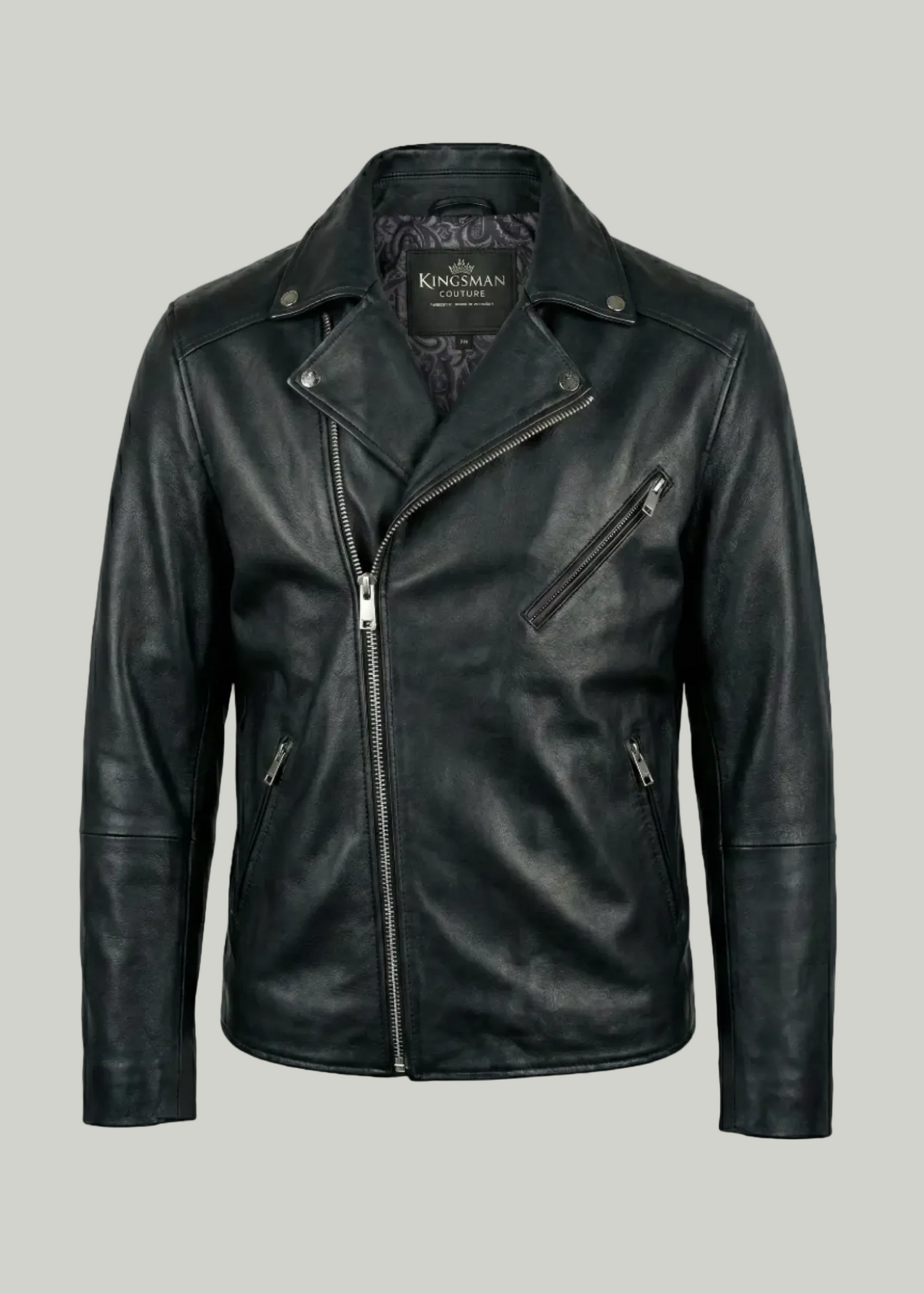 Men's black leather asymmetrical biker jacket with notched lapels and silver hardware by Kingsmen Couture.