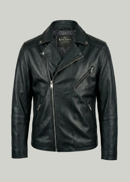 Men's black leather asymmetrical biker jacket with notched lapels and silver hardware by Kingsmen Couture.