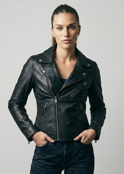 Women's black leather asymmetrical biker jacket with notched lapels and silver hardware by Kingsmen Couture.