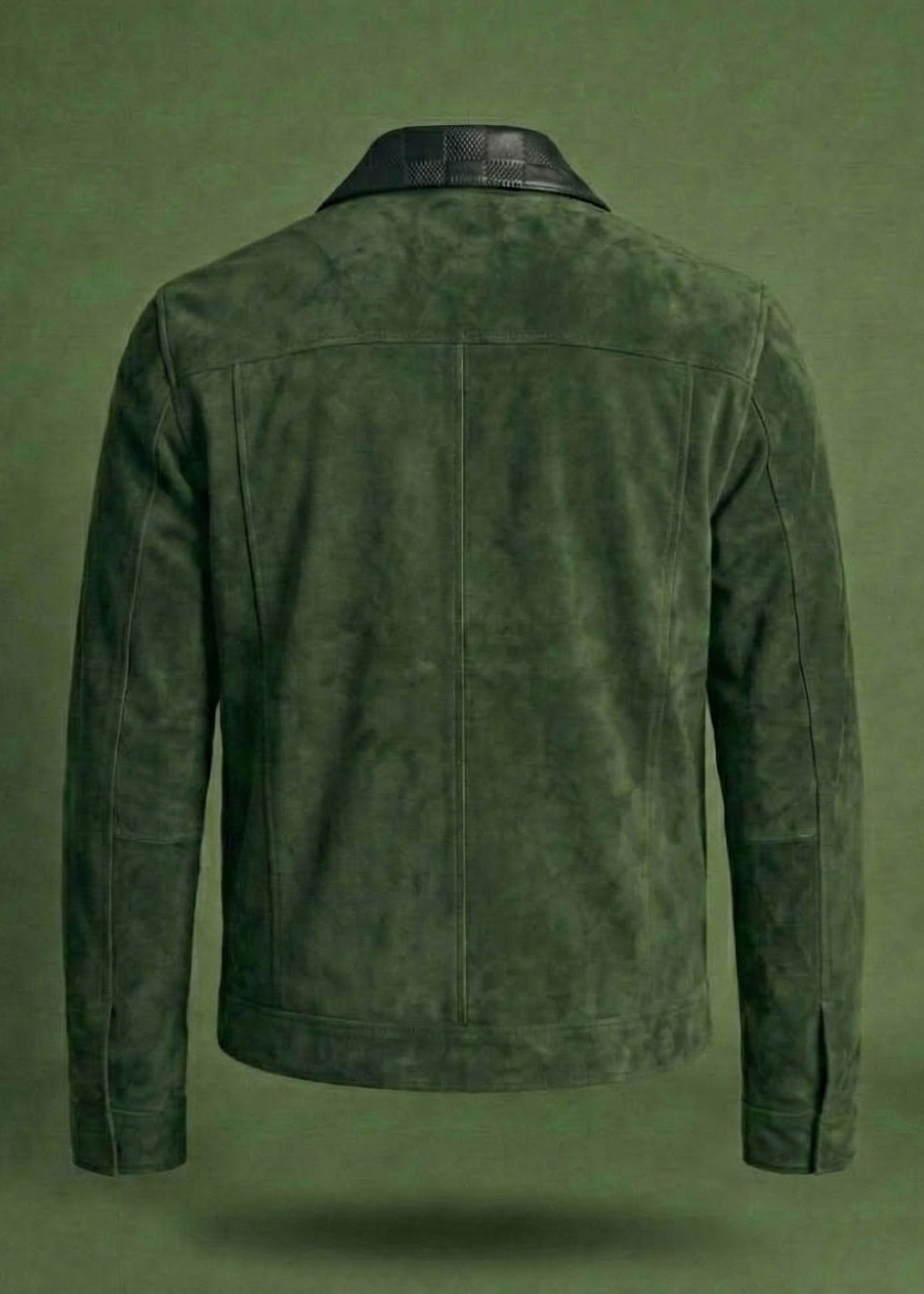 Men's green suede field jacket featuring a black checkered leather collar and chest pocket by Kingsmen Couture.