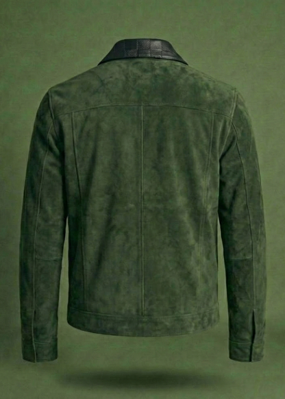Men's green suede field jacket featuring a black checkered leather collar and chest pocket by Kingsmen Couture.