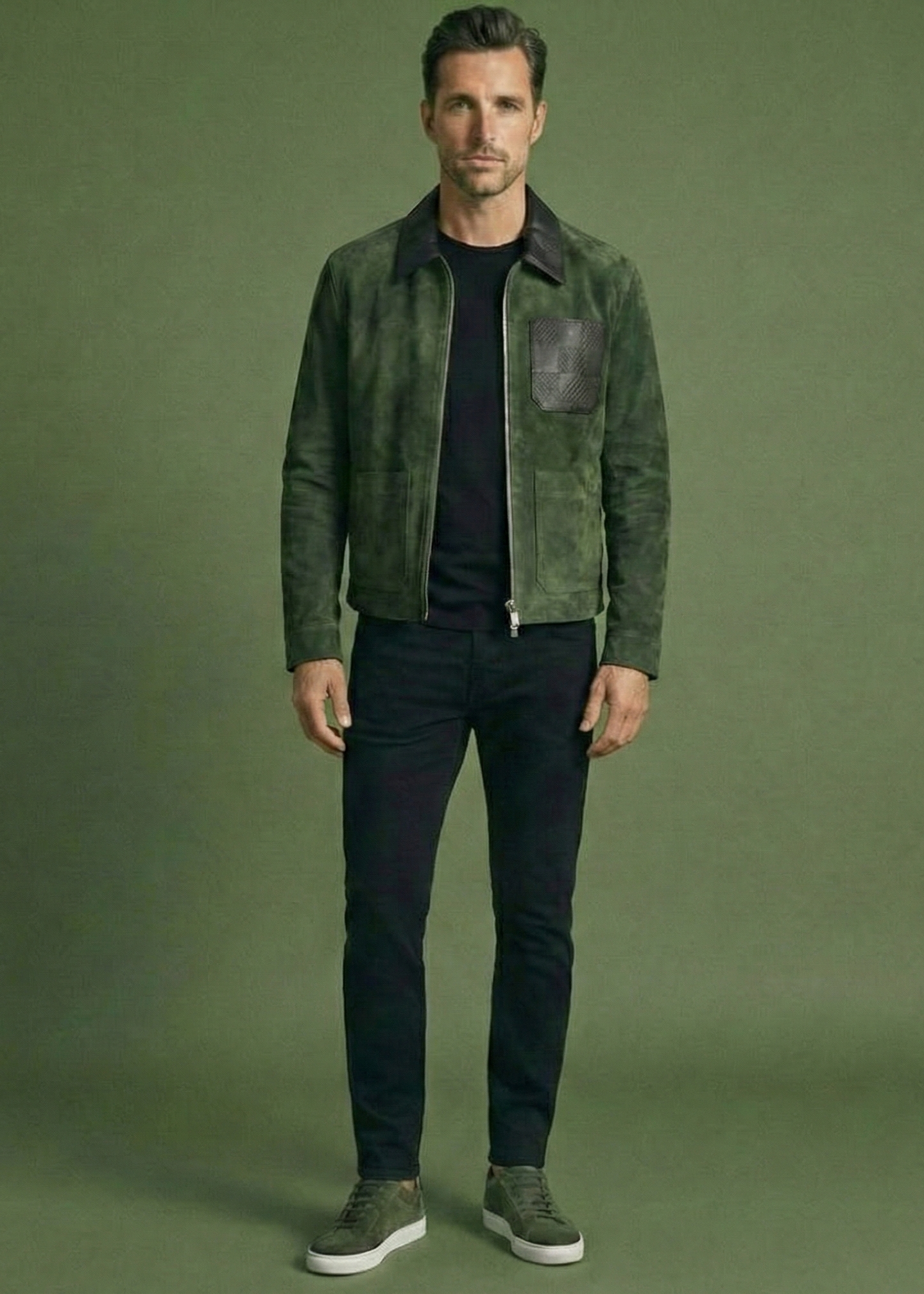 Men's green suede field jacket featuring a black checkered leather collar and chest pocket by Kingsmen Couture.