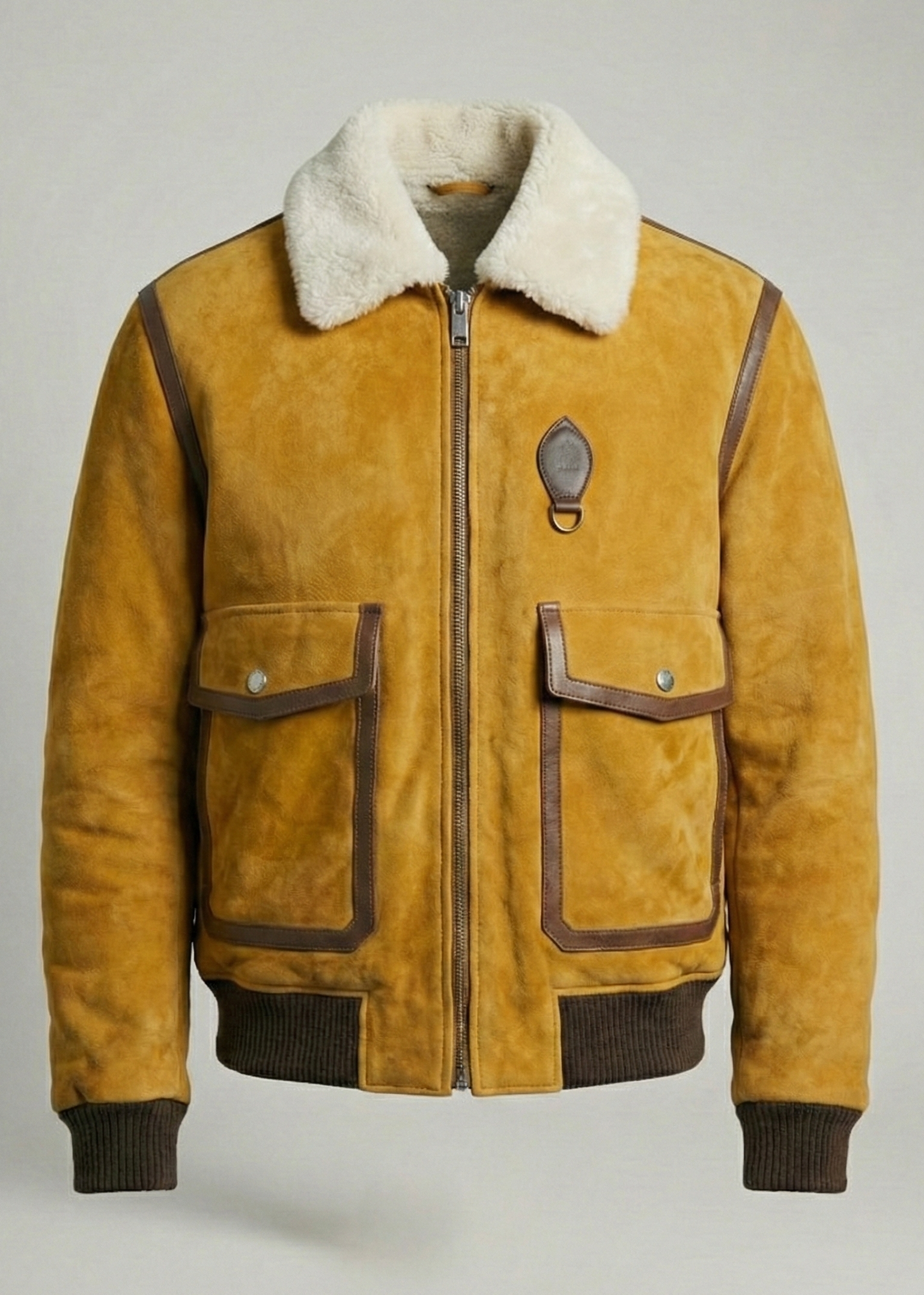 Tan suede aviator jacket with white shearling collar and ribbed cuffs by Kingsmen Couture.