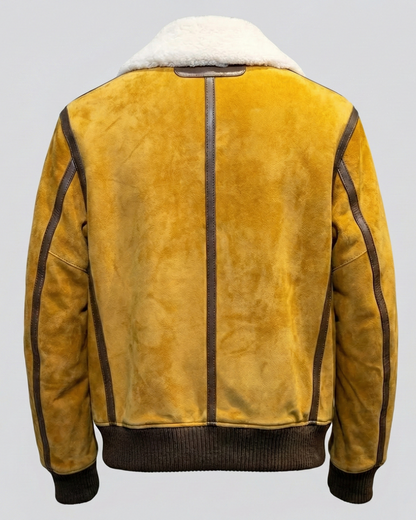 Tan suede aviator jacket with white shearling collar and ribbed cuffs by Kingsmen Couture.