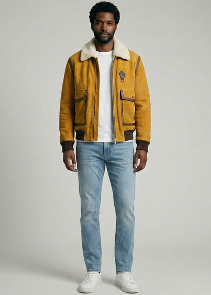 Tan suede aviator jacket with white shearling collar and ribbed cuffs by Kingsmen Couture.