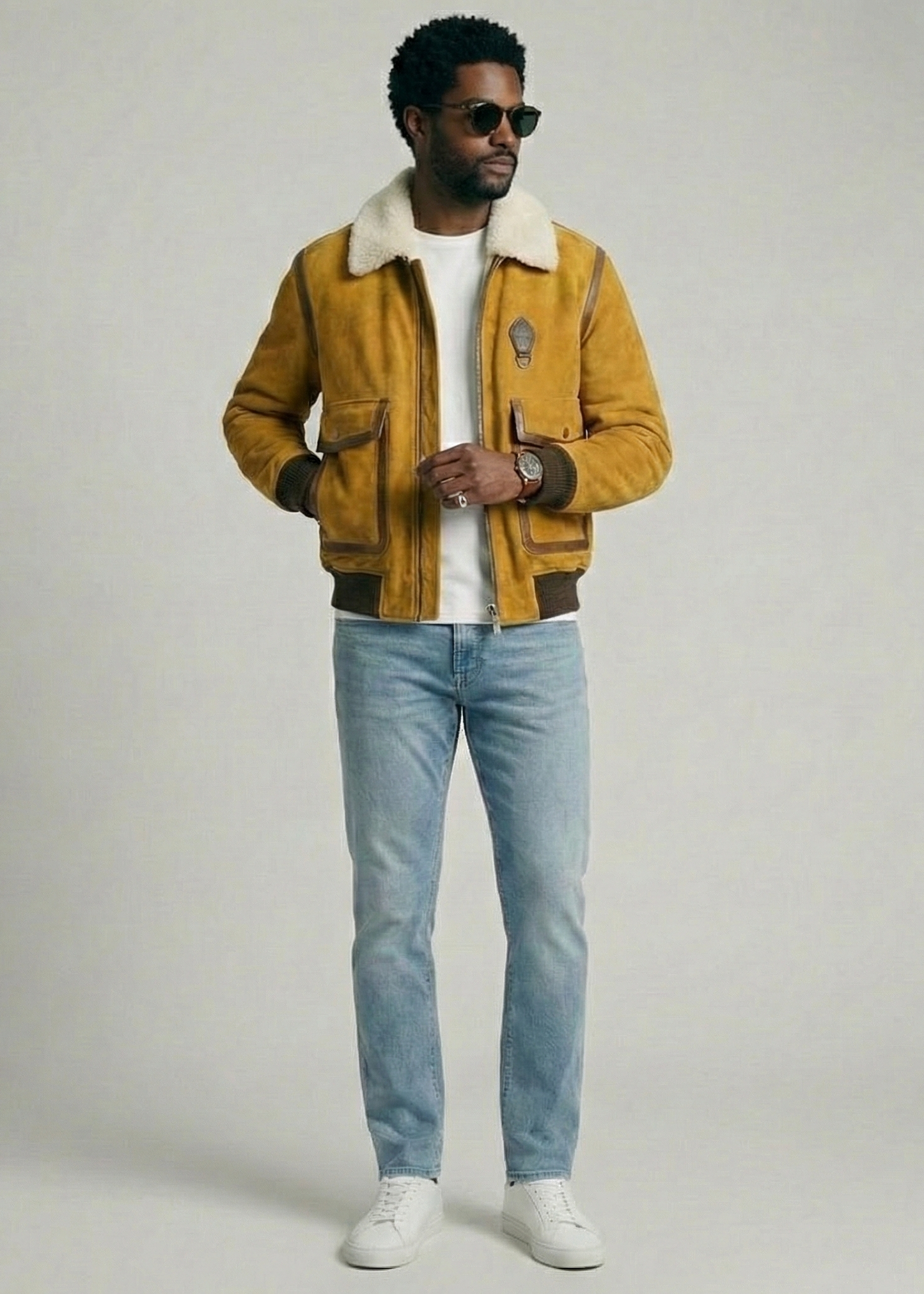 Tan suede aviator jacket with white shearling collar and ribbed cuffs by Kingsmen Couture.