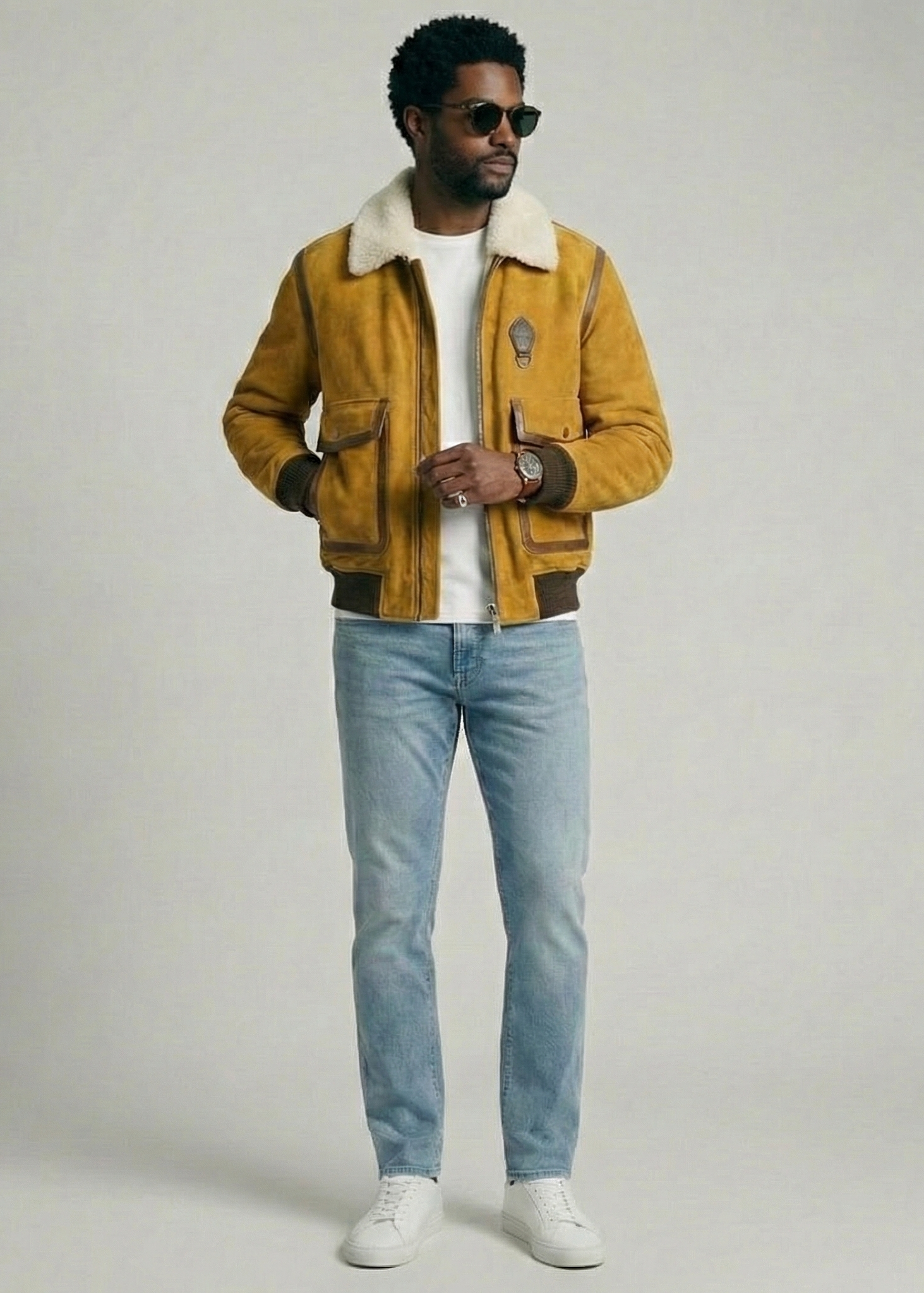 Tan suede aviator jacket with white shearling collar and ribbed cuffs by Kingsmen Couture.