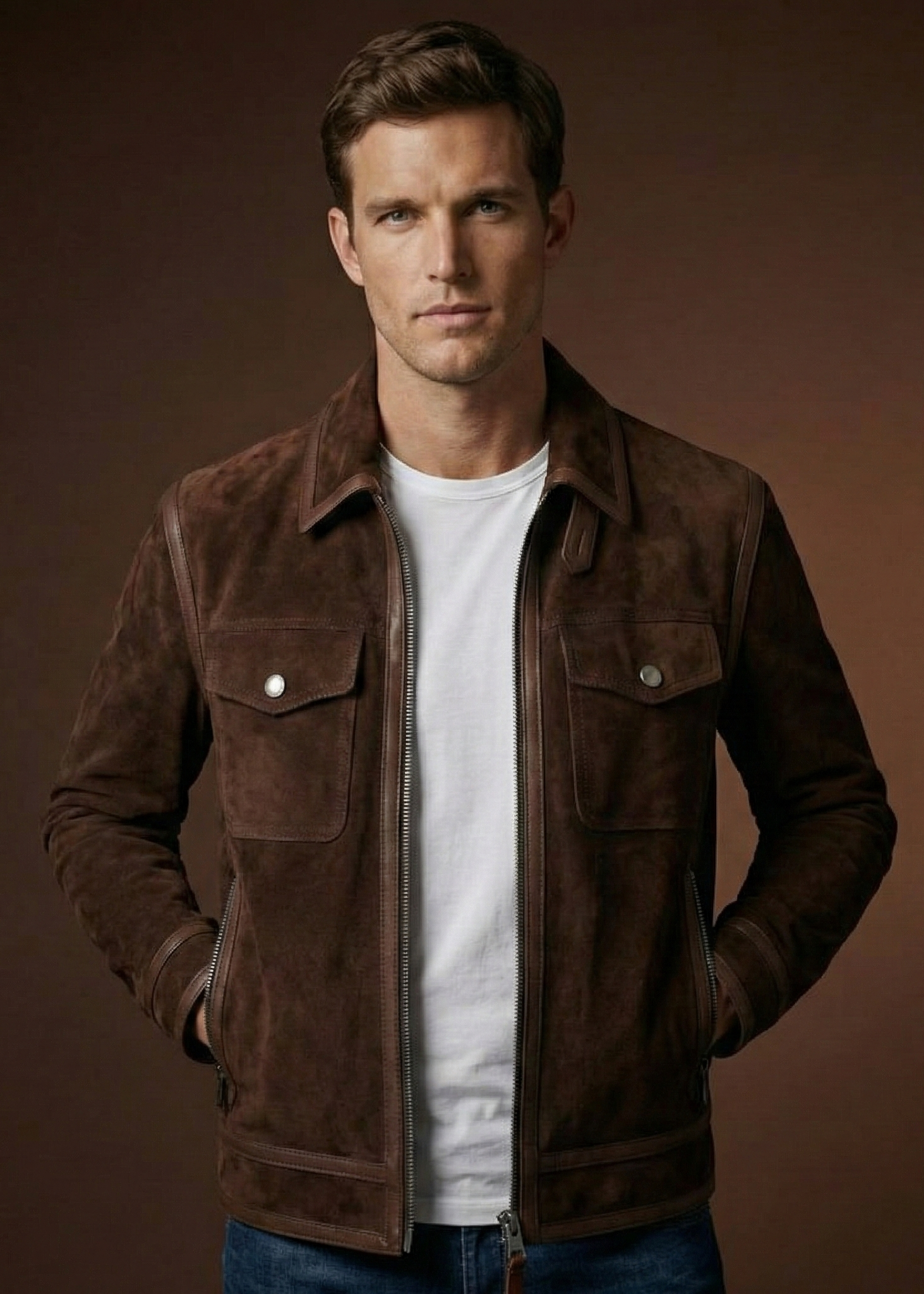 Men's dark brown sheepskin suede jacket featuring polished leather borders, silver hardware, and a pointed collar by Kingsmen Couture.