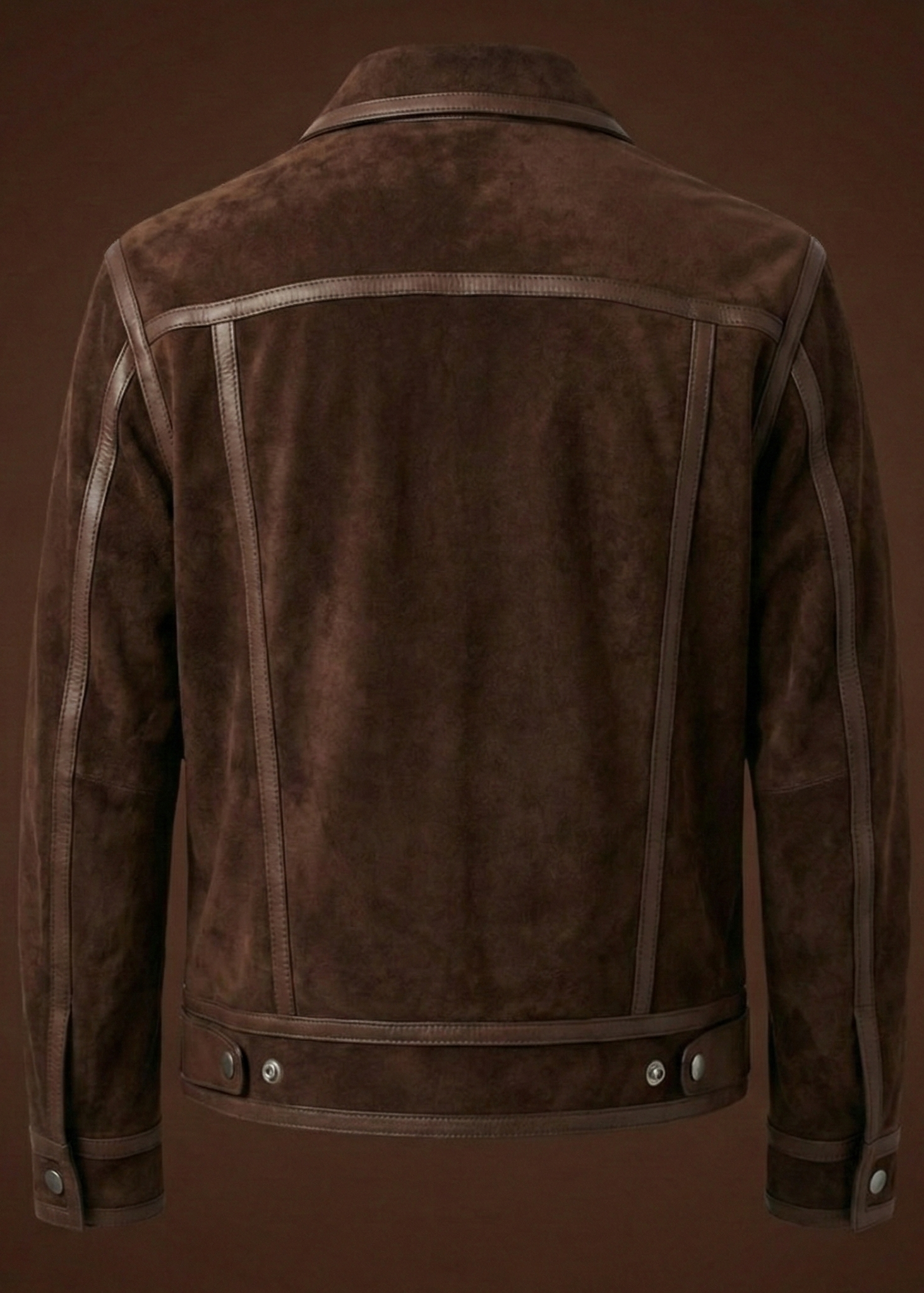 Men's dark brown sheepskin suede jacket featuring polished leather borders, silver hardware, and a pointed collar by Kingsmen Couture.