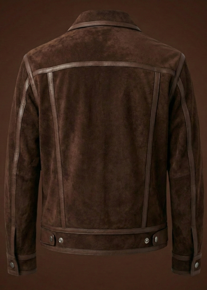Men's dark brown sheepskin suede jacket featuring polished leather borders, silver hardware, and a pointed collar by Kingsmen Couture.