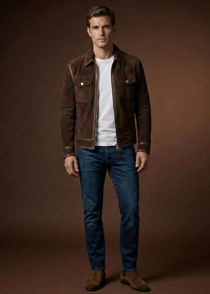 Men's dark brown sheepskin suede jacket featuring polished leather borders, silver hardware, and a pointed collar by Kingsmen Couture.