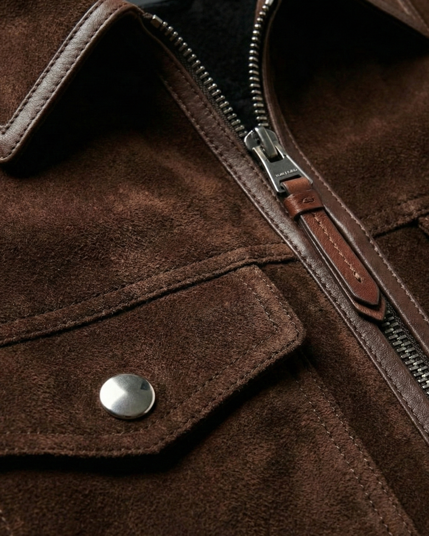 Men's dark brown sheepskin suede jacket featuring polished leather borders, silver hardware, and a pointed collar by Kingsmen Couture.