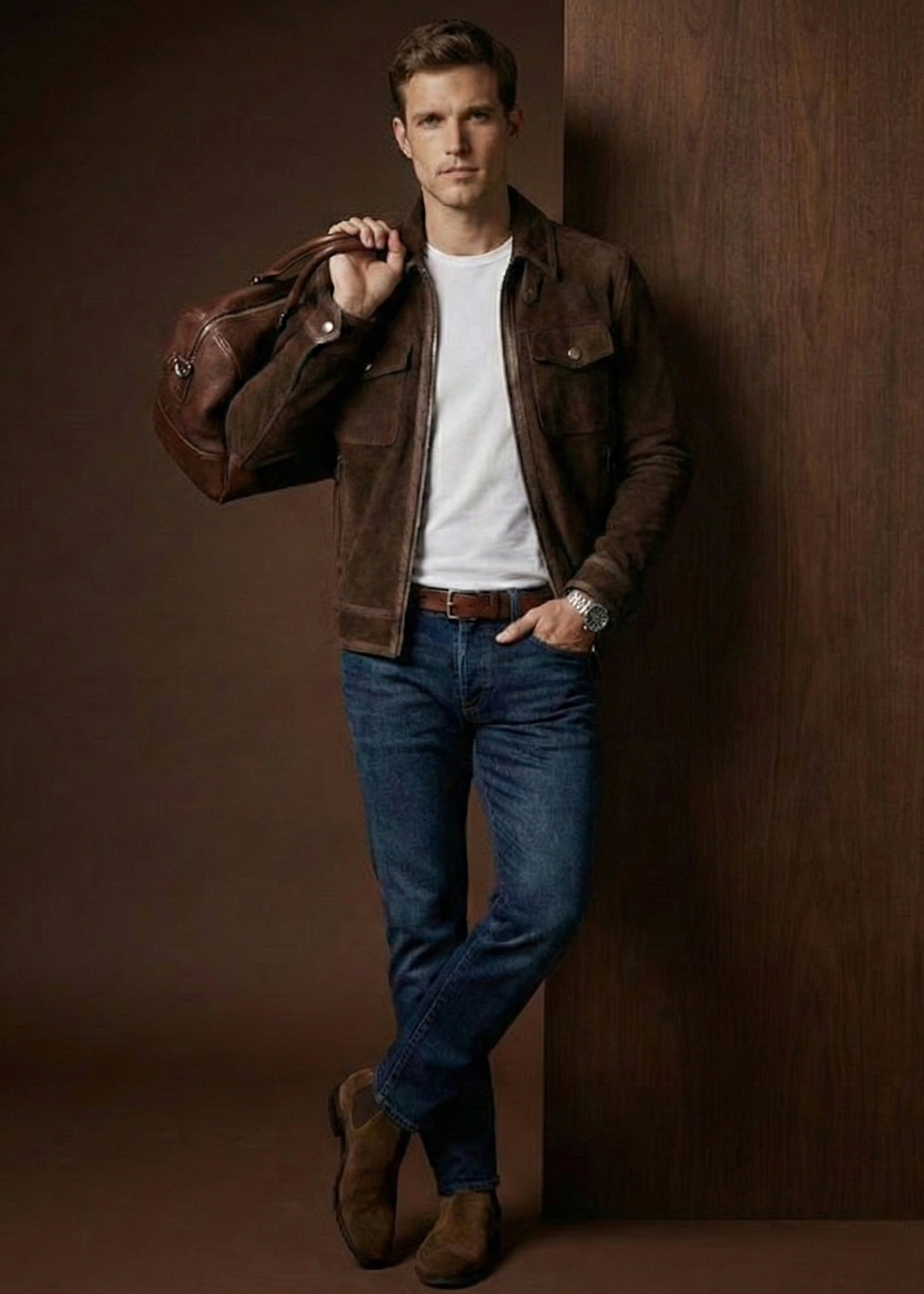 Men's dark brown sheepskin suede jacket featuring polished leather borders, silver hardware, and a pointed collar by Kingsmen Couture.