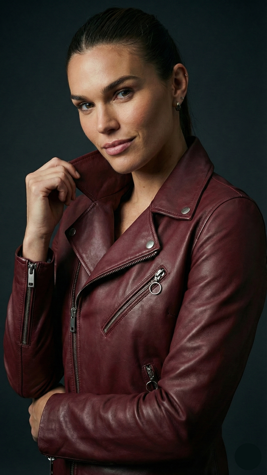 Women's burgundy sheepskin leather asymmetrical biker jacket with silver O-ring zippers by Kingsmen Couture.