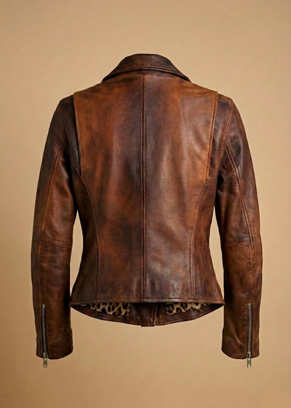 Women's distressed brown sheepskin leather biker jacket with silver hardware and animal print lining by Kingsmen Couture.