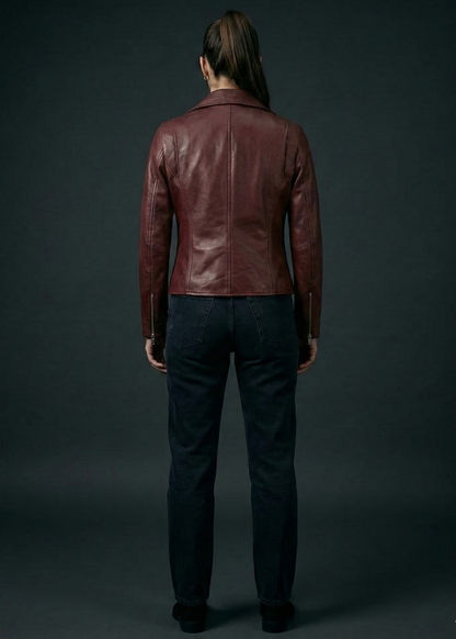 Women's burgundy sheepskin leather asymmetrical biker jacket with silver O-ring zippers by Kingsmen Couture.