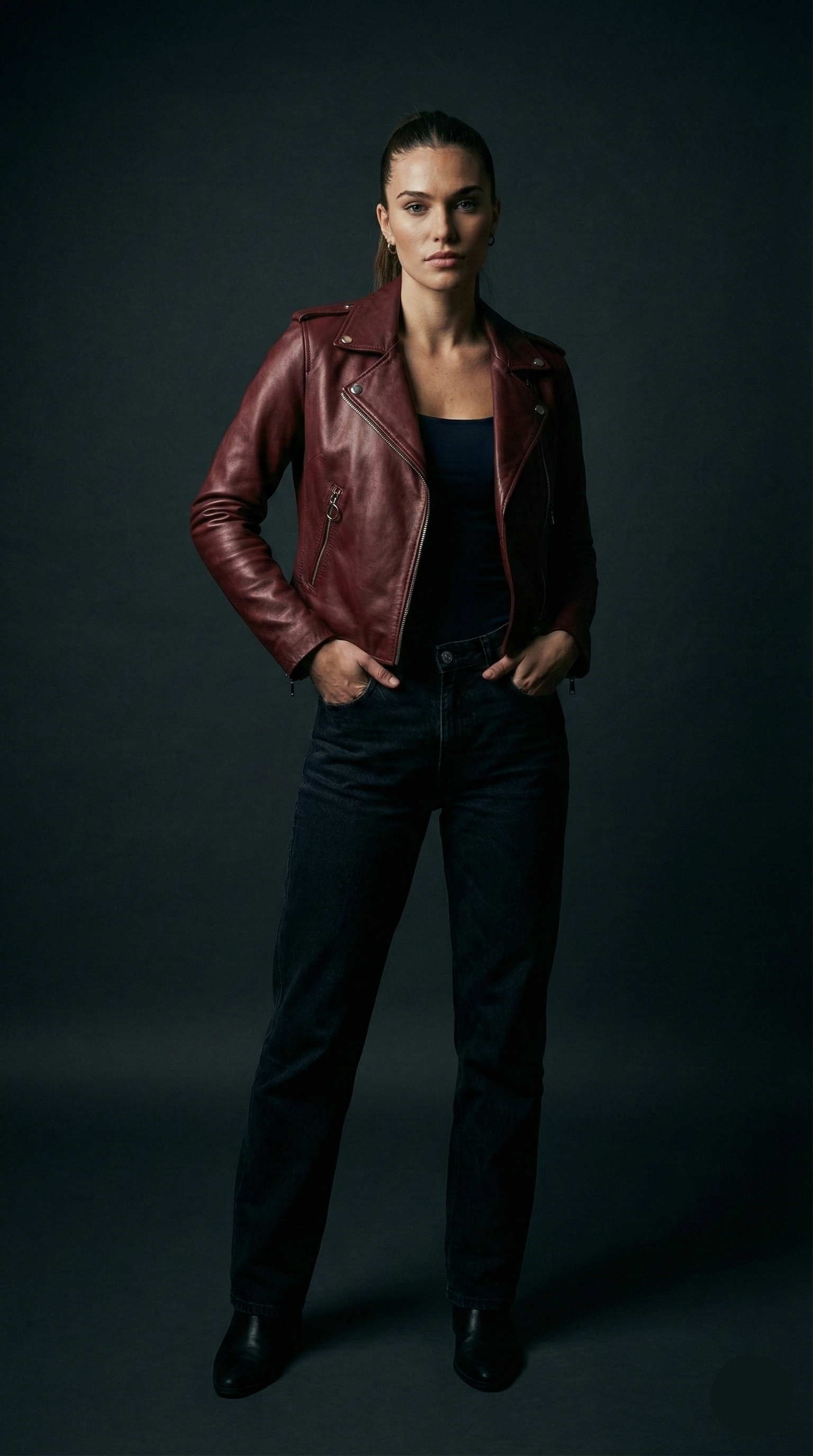 Women's burgundy sheepskin leather asymmetrical biker jacket with silver O-ring zippers by Kingsmen Couture.