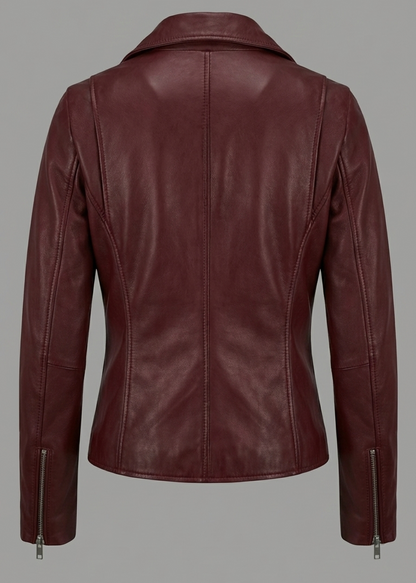 Women's burgundy sheepskin leather asymmetrical biker jacket with silver O-ring zippers by Kingsmen Couture.