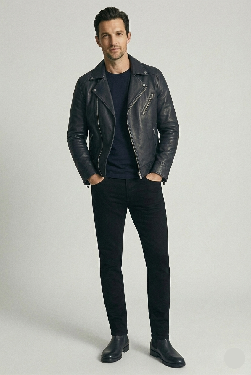 Men's black leather asymmetrical biker jacket with notched lapels and silver hardware by Kingsmen Couture.