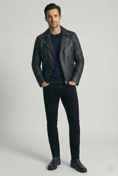 Men's black leather asymmetrical biker jacket with notched lapels and silver hardware by Kingsmen Couture.