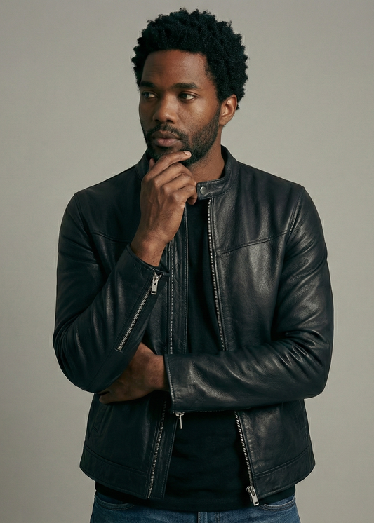 Man wearing a black leather jacket against a plain background